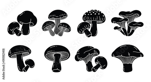 A collection of black and white mushroom illustrations in varying shapes