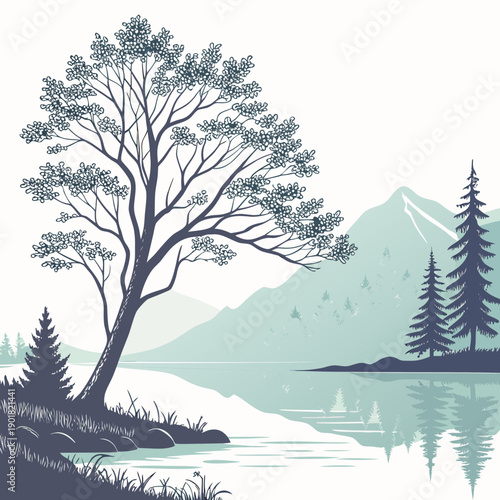Tableau sur toile Serene landscape with a lone tree and majestic mountains in the background Vecto
