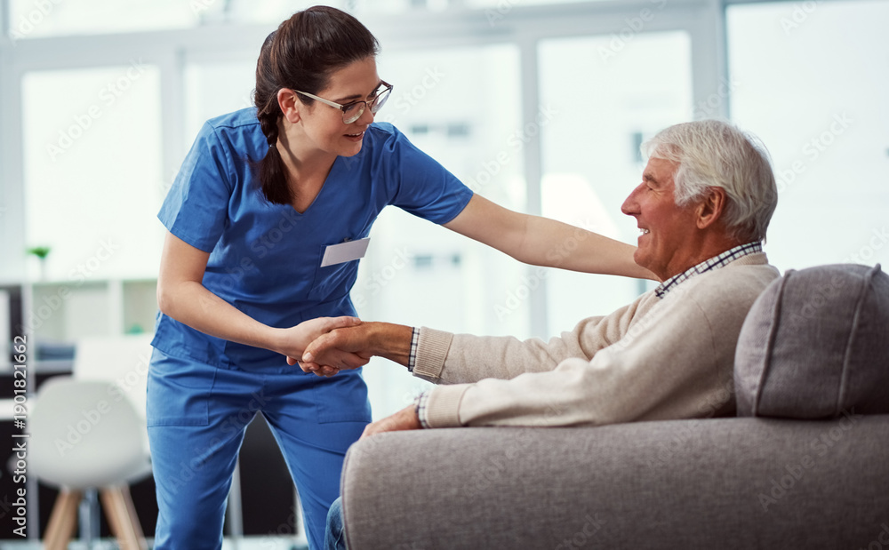 Obraz premium Support, nurse or old person in clinic to stand up, assistance or disability care in retirement. Healthcare, elderly patient or caregiver in hospital with mobility aid, help or empathy in facility