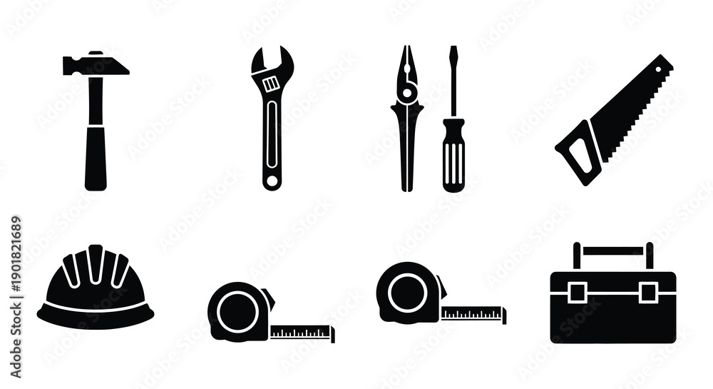 Fototapeta premium A collection of black silhouette icons representing common hand tools