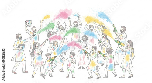 People celebrating Holi festival with colorful powder and water guns joyful outdoor gathering traditional Indian spring holiday