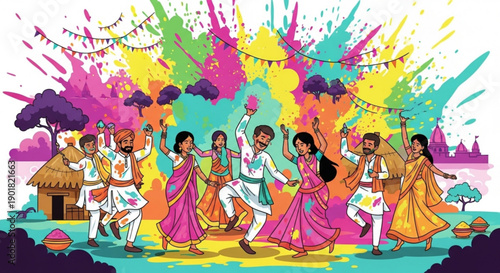 Holi festival celebration with people dancing and throwing colors vibrant illustration for cultural events and Indian holidays