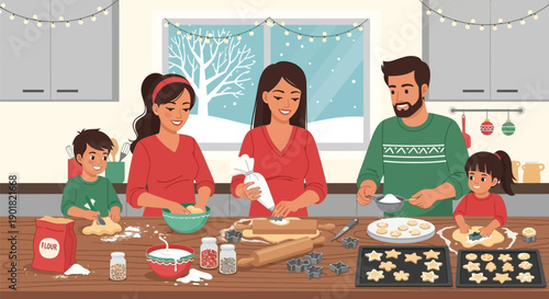 Happy family enjoying baking Christmas cookies together in a cozy winter kitchen setting