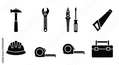 A collection of black silhouette icons representing common hand tools
