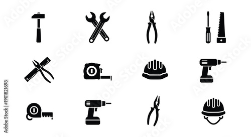 A collection of black silhouette icons representing common hand tools