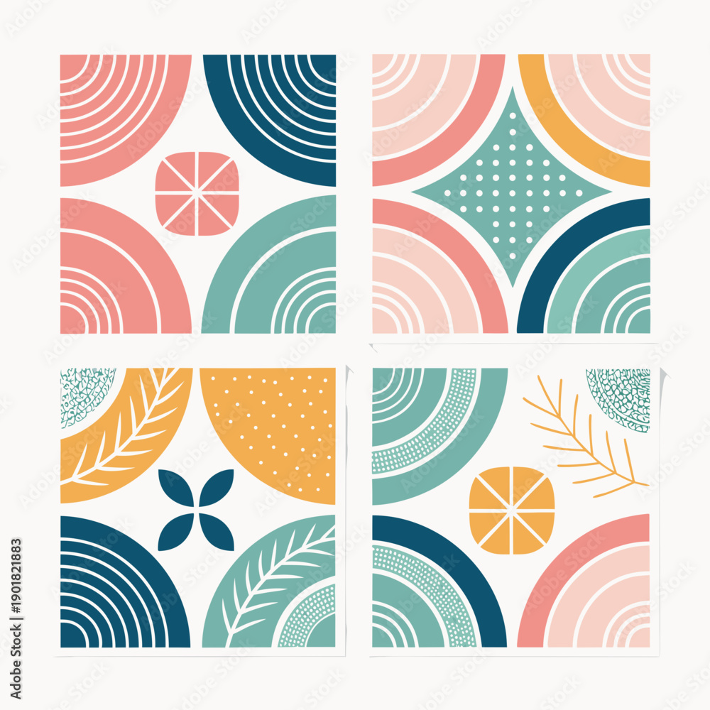 Obraz premium Abstract geometric pattern with colorful shapes and leaves viewed directly on a square grid