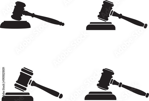 Four black gavel icons in silhouette style