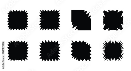 Eight black jagged edged square shapes arranged in a two by four grid