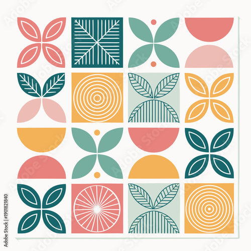 A modern graphic illustration featuring flowers, leaves, and abstract shapes in a grid pattern from a direct viewpoint
