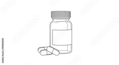 Medical bottle and capsules illustration on a plain background from a straightforward viewpoint