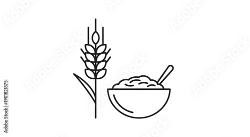 A bowl of oatmeal with a spoon and a wheat stalk beside it, simple line art illustration