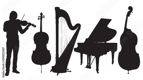 Silhouette Of Musician Playing Violin With Various Instruments For Music Education And Performance Concept