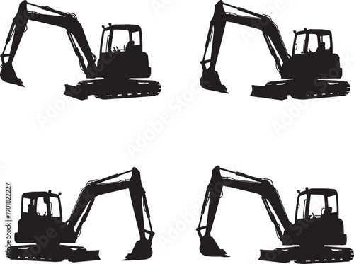 Silhouettes of four excavators in different positions