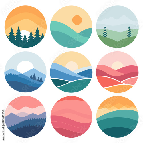 A collection of nine circular landscape illustrations showcasing various natural scenery and mountain ranges from different viewpoints.