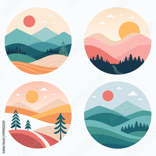 Four circular illustrations depicting serene landscapes with mountains and trees at different times of day from various viewpoints