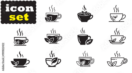 Green Tea Icon Set, Editable Solid Vector Illustration