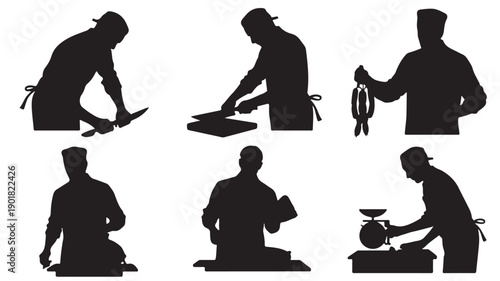 Vector Illustration Of Six Different Butcher Silhouettes Cutting Meat For Butcher Shop Or Meat Market For Marketing And Advertising