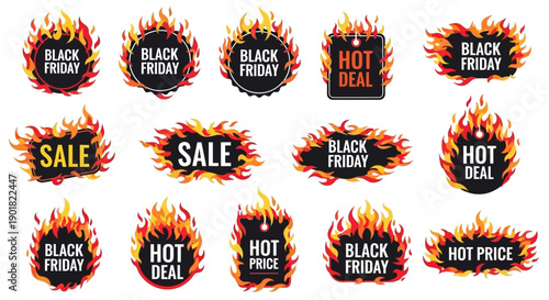Collection of fiery sale and hot deal tags for Black Friday promotions.