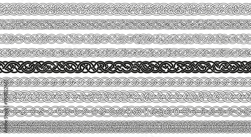 A collection of intricate Celtic knot patterns presented as decorative borders on a white background.
