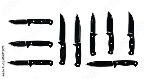 Collection of various black silhouette knives displayed in a row