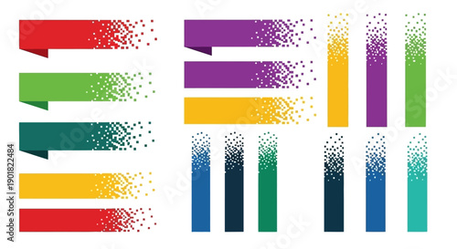 Canvas Print A collection of colorful digital banners and ribbons with a pixelated dissolving effect, presented on a white background