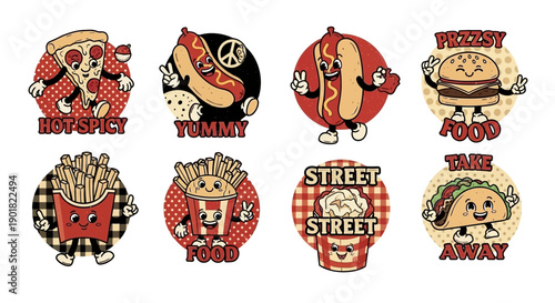 A collection of eight cartoon-style illustrations featuring anthropomorphic fast food items like pizza, hot dogs, burgers, fries, and tacos.