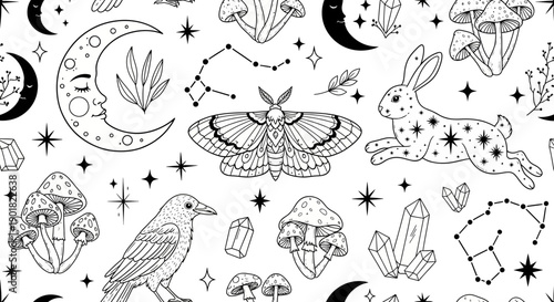 Whimsical celestial pattern featuring a moth, rabbit, crow, mushrooms, moon phases, constellations, and crystals.