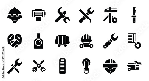 Collection of black construction and repair tool icons on white background
