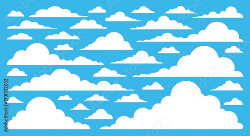 A vibrant blue sky filled with numerous white, fluffy clouds of various sizes and shapes, creating a dynamic and airy atmosphere.