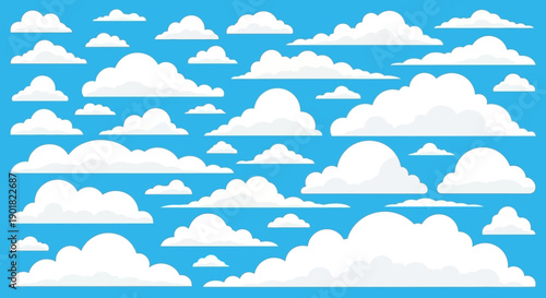 A vibrant illustration of a bright blue sky filled with numerous fluffy white cumulus clouds of various sizes and shapes.