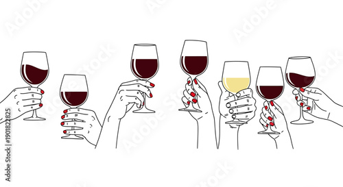 A collection of hands holding wine glasses, some filled with red wine and one with white wine, against a white background.
