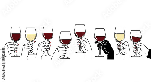 A collection of hands holding wine glasses filled with red and white wine, illustrating a tasting or social gathering.