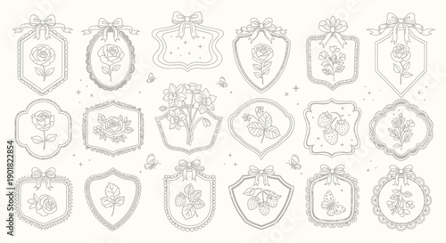 Collection of decorative frames with floral and insect motifs, hand-drawn in a delicate line art style.