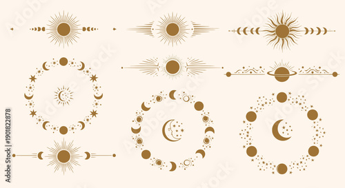 Collection of celestial and astrological graphic elements featuring suns, moons, and star phases in a vintage gold color palette.