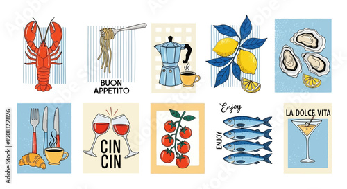 A collection of ten vibrant illustrations depicting various Italian food and drink themes, including seafood, pasta, coffee, wine, and fruits.