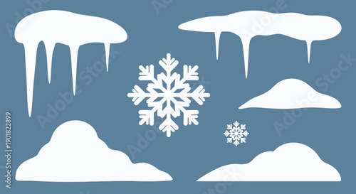 A collection of white winter elements including icicles, snowflakes, and snowdrifts on a blue background.