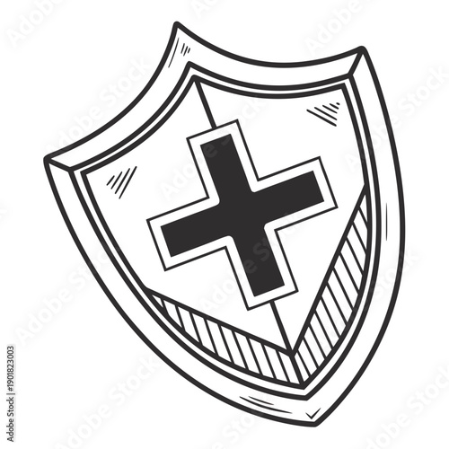 Medieval Style Shield with Cross Symbol Vector Illustration for Security and Defense ,Black and White Heraldic Shield Emblem with Cross Icon Isolated on White Background