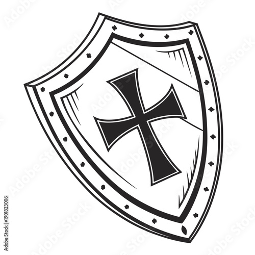 Medieval Style Shield with Cross Symbol Vector Illustration for Security and Defense ,Black and White Heraldic Shield Emblem with Cross Icon Isolated on White Background