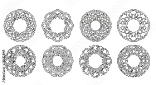 Collection of eight intricate circular lace patterns, showcasing delicate geometric designs and symmetrical arrangements.