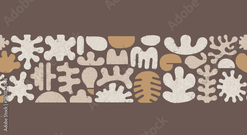 A seamless pattern of abstract organic shapes in beige and off-white against a brown background, evoking a natural, artistic feel.
