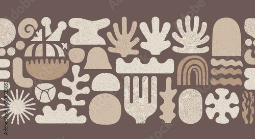 Abstract organic shapes and patterns in a neutral color palette, creating a textured, organic, and modern design.