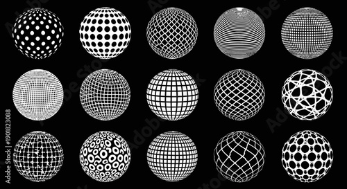 A collection of 15 spheres with various geometric patterns and textures against a black background.