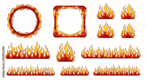 A collection of various fire elements, including circular and square frames, and horizontal fire borders, rendered in a cartoonish style.