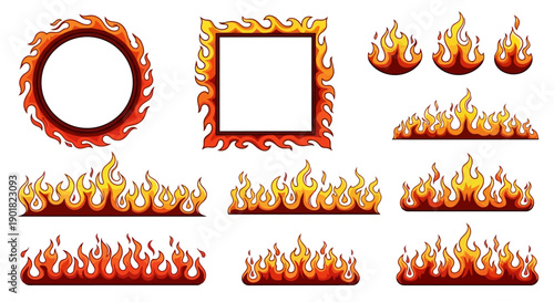 A collection of various flame and fire graphic elements, including borders, frames, and decorative accents.