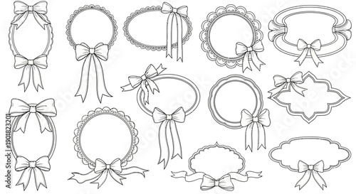 A collection of elegant line art frames and borders adorned with decorative bows and ribbons, in various shapes and styles.