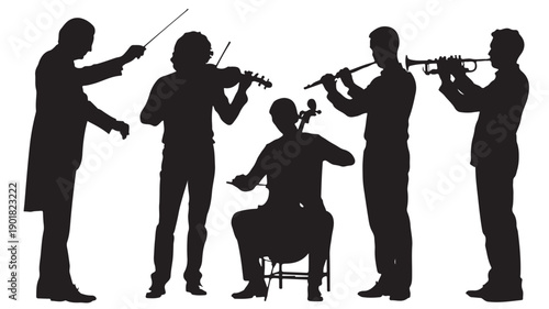 Silhouette Of Diverse Musicians Playing Various Instruments For Music And Performance Concept