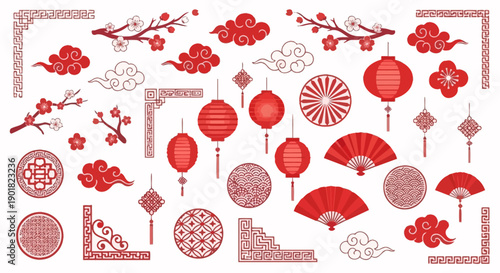 A collection of traditional Chinese New Year decorations and cultural elements in red and white.