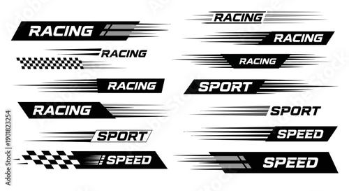 Black and white racing, sport, and speed graphic elements with motion lines and checkered flag patterns, conveying dynamic movement.