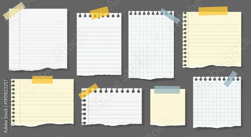 A collection of various blank paper notes, including lined, grid, and plain sheets, some white and some yellow, all taped to a dark grey background.