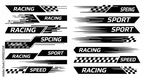 Collection of black and white racing and sport car decals with speed lines and checkered flag patterns, ideal for vehicle graphics.